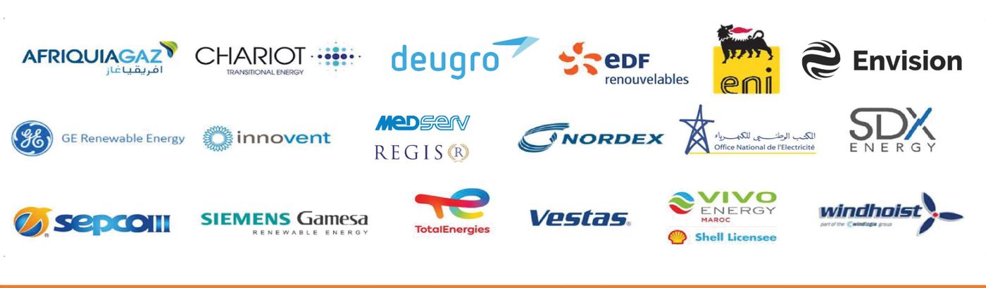 Client logos including GE Renewable Energy, Siemens Gamesa, Vestas, Nordex, Envision, EDF Renouvelables, ENI, TotalEnergies, ONE and others