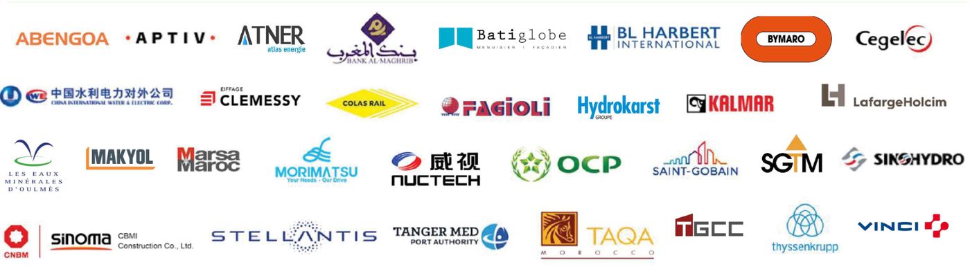 Client logos including OCP, Stellantis, Tanger Med Port Authority, Marsa Maroc, TAQA Morocco, Vinci, LafargeHolcim, Saint-Gobain, Fagioli and others