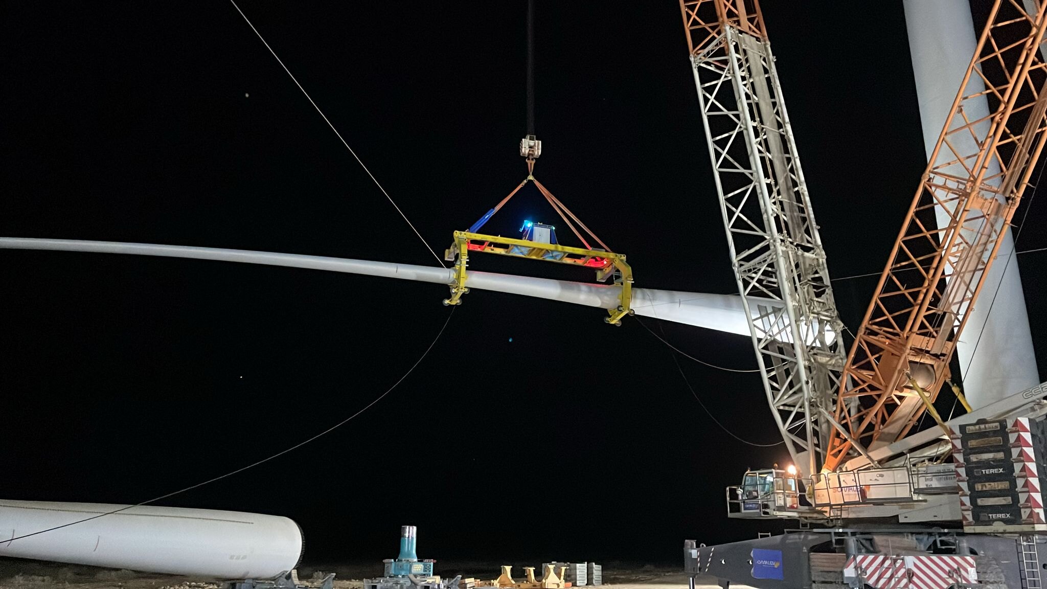 Wind turbine blade lifted at the port of Laayoune